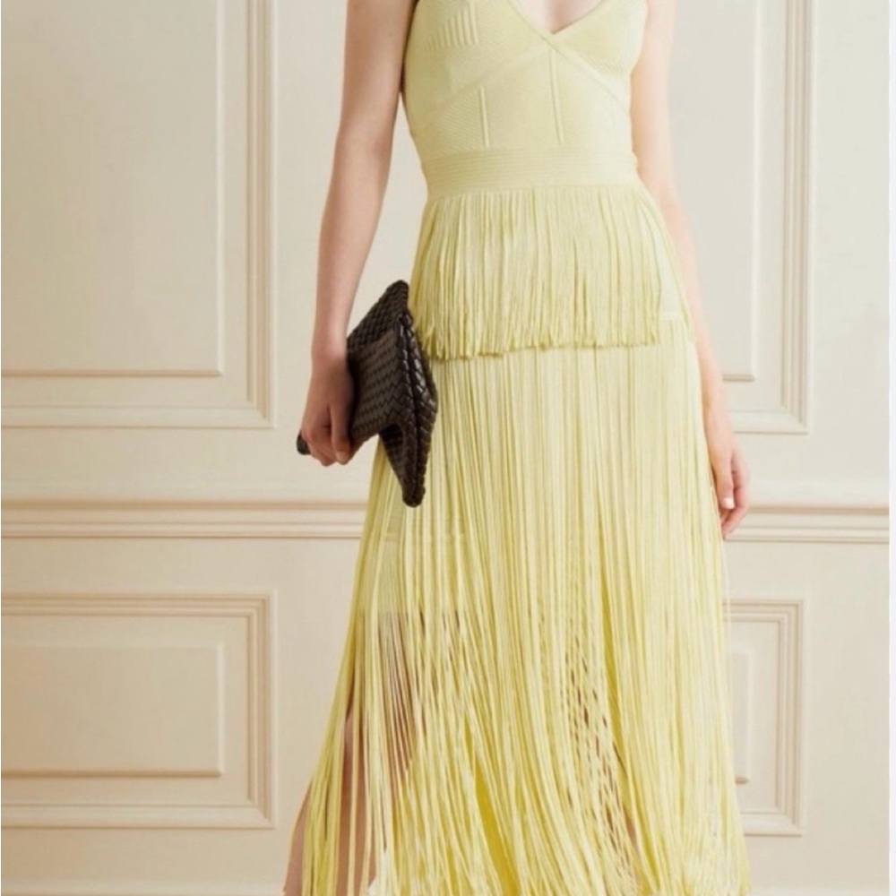 Herve Leger Pale Yellow Fringe Knit Maxi Dress